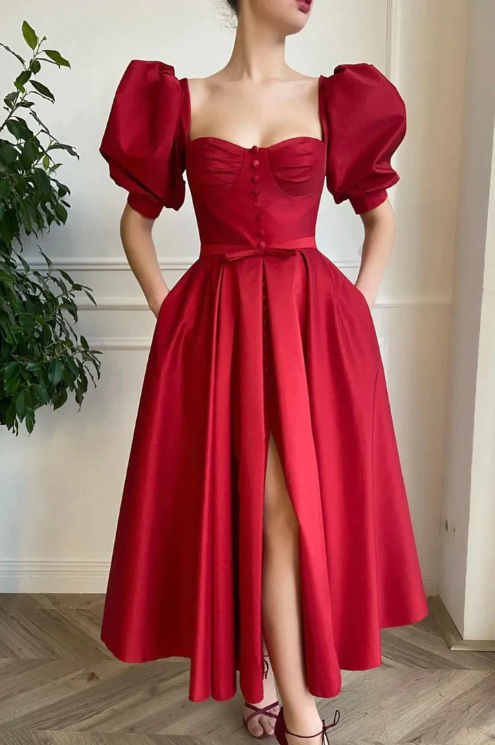 Red satin tea length prom dress Y238