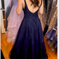 Sparkly A-line V Neck Navy Blue Prom Dress,Charming Graduation Dress Y1164