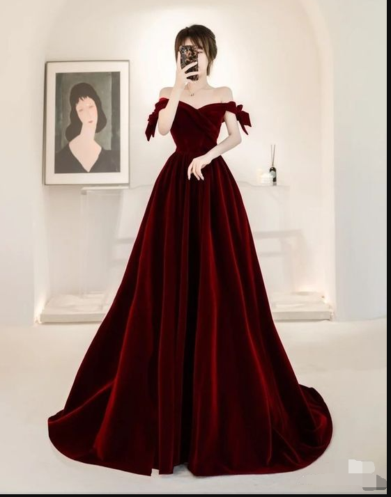 Chic Burgundy Velvet Long Prom Dress,Off The Shoulder Prom Gown Y1184