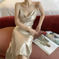 Sexy Champagne Spaghetti Straps Sleeveless Silk Prom Dress,Bridesmaid Dress Y1126