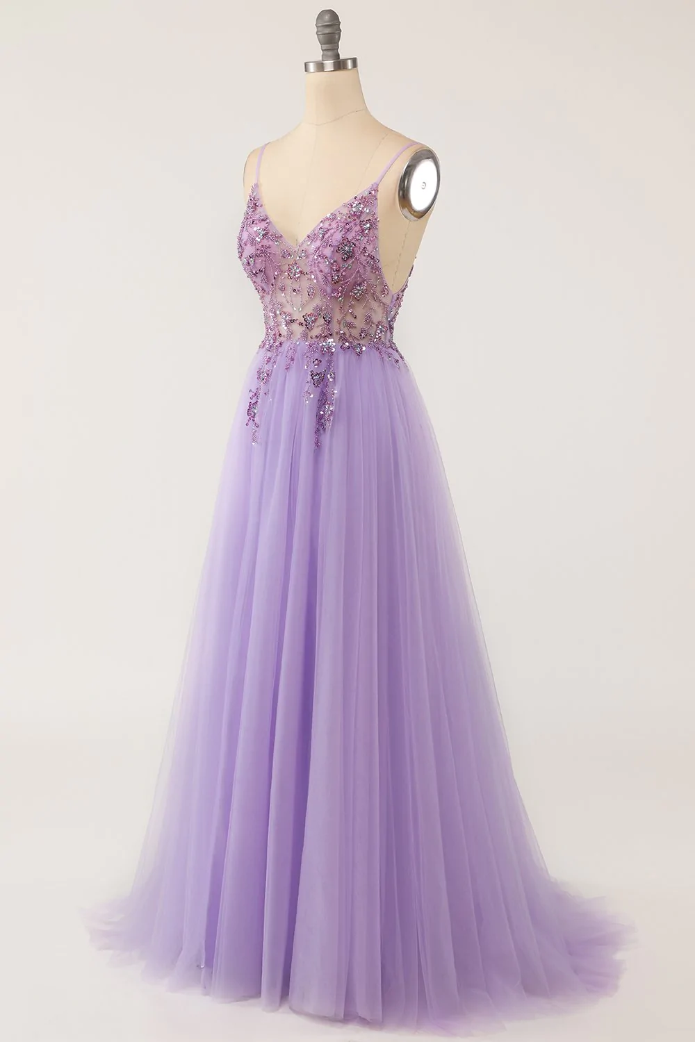 Sexy Purple V Neck Beaded Tulle Long Prom Dress,Graduation Dress Y1348