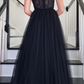 Strapless Black Lace Tulle Long Prom Dress, Black Lace Formal Dress, Black Evening Dress Y205