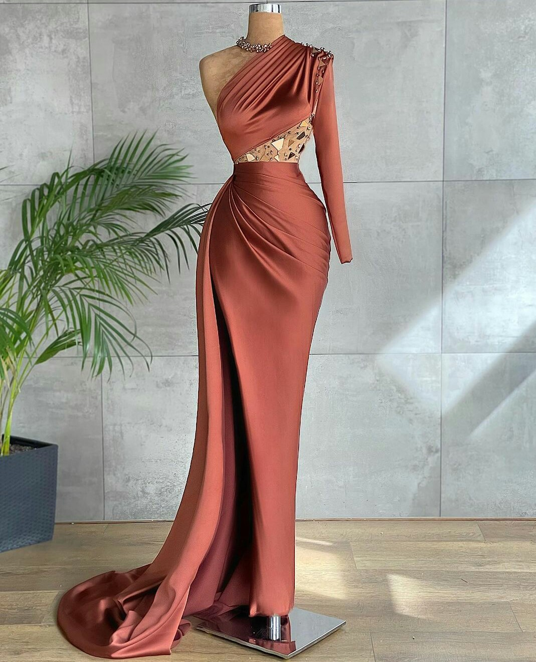 Brown Mermaid Beaded One Shoulder Evening Dresses High Side Slit Prom Dress Custom Made Y604