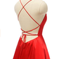 Red Satin Long Prom Gown,Front Slit Evening Dresses,Floor Length Prom Dresses S26169