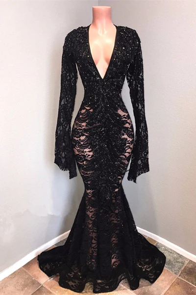 Sexy Long Sleeves Black Mermaid Prom Dress Lace V-neck Long Y1859