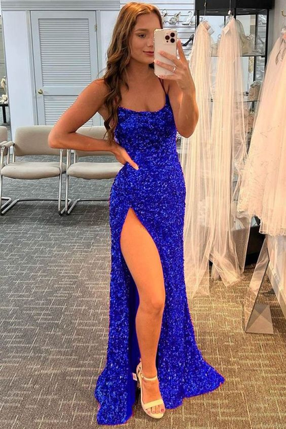 Glitter Sequin Prom Dresses High Slit formal dress Royal Blue Evening Dress Y75