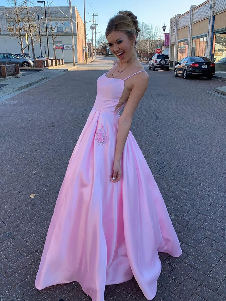 Pink Satin Prom Dress with Pockets, Pink Satin Long Formal Evening Dresses Y237