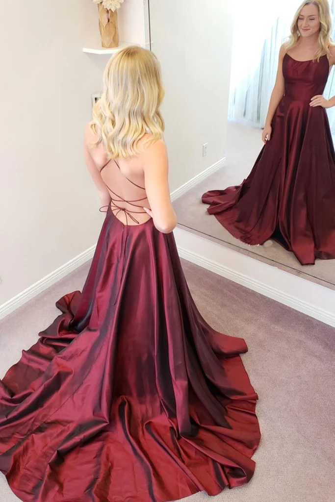 Simple A Line Backless Thin Strap Burgundy Satin Long Prom Dress, Backless Burgundy Formal Evening Dress Y224