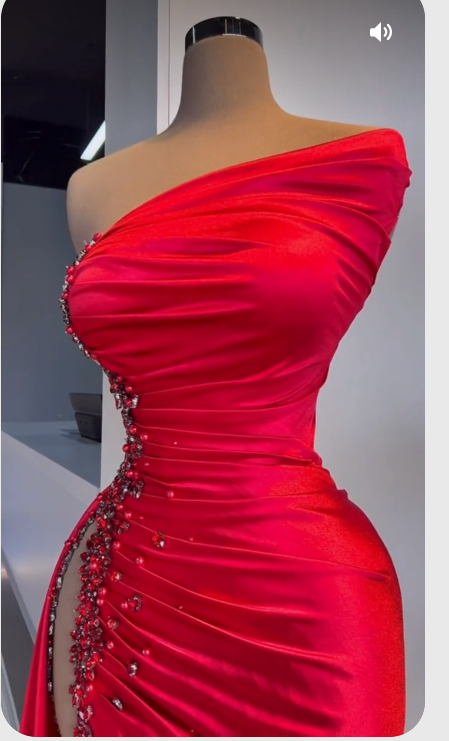 Red Asymmetrical Neckline Satin Pleated High Slit Evening Dress Charming Formal Gown Y379
