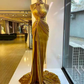 Gold Velvet Prom Dresses Elegant Ruched Long Sweep Train Mermaid Evening Party Gowns Side Slit High Neck Crystals Beading Sleeveless Arabic Robe de Soiree Y182