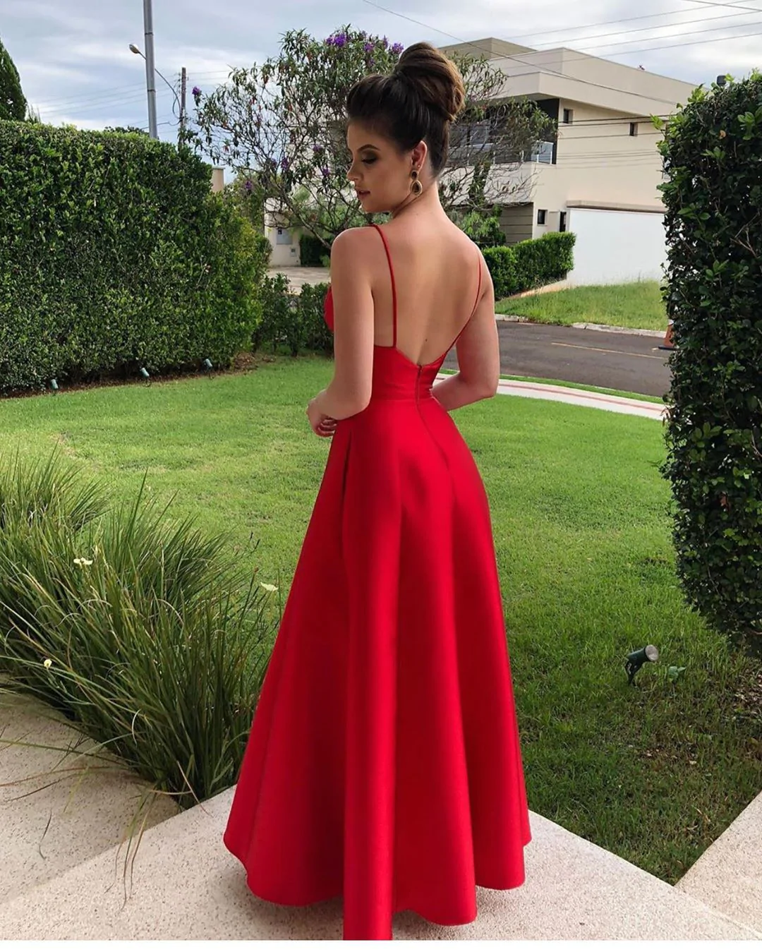 Elegant A-line V-neck Red Satin Prom Dresses, Formal Gown Y1087