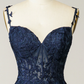 A-line Navy Blue Prom Dress Lace Tulle Evening Dress Y382