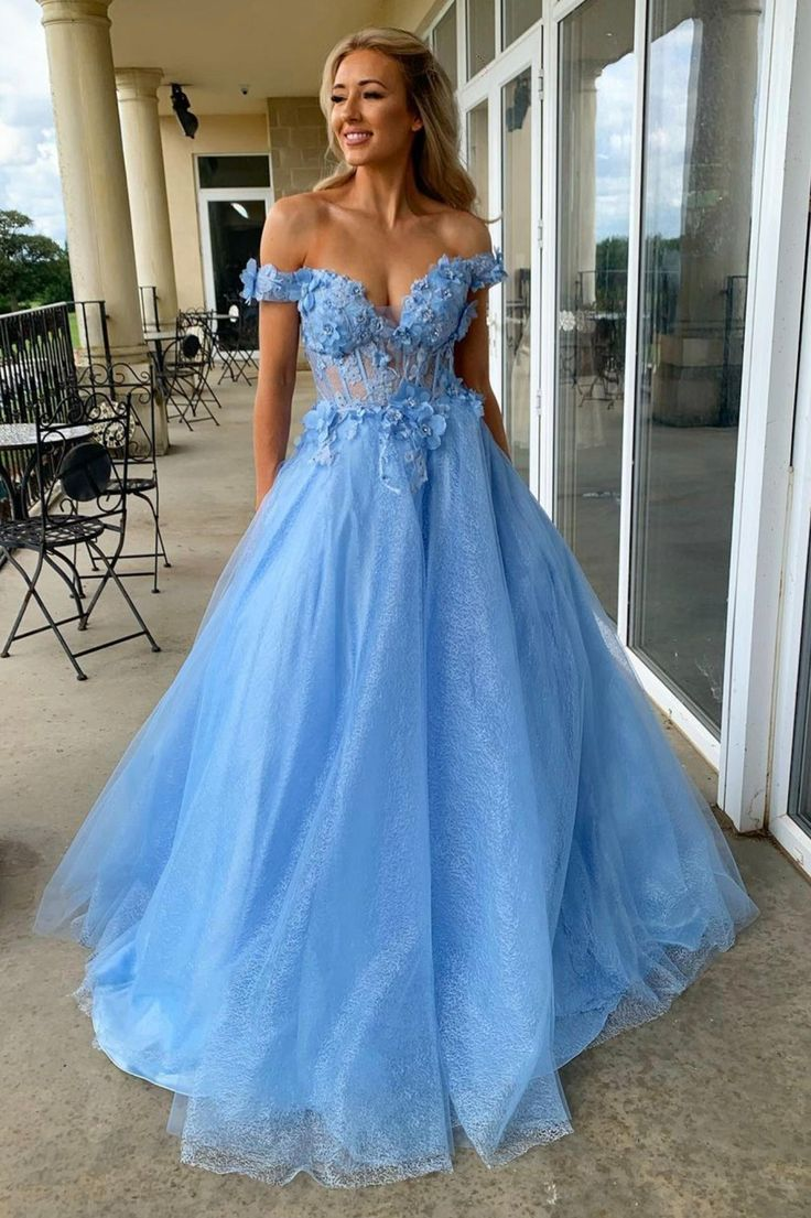 Blue Tulle Lace Long Prom Dresses, A-Line Off the Shoulder Evening Dresses Y1414