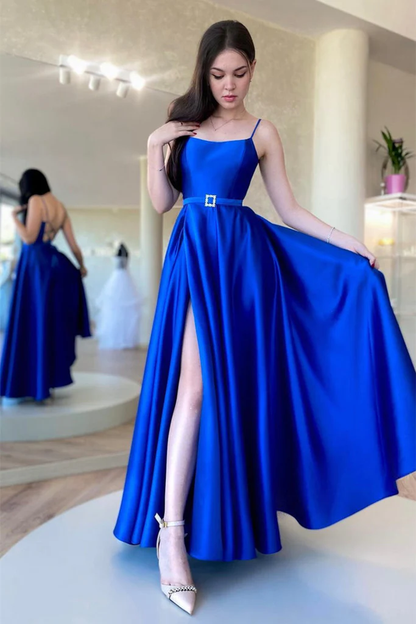 Backless Royal Blue Satin Long Prom Dress with High Slit, Backless Blue Formal Graduation Evening Dress Y203