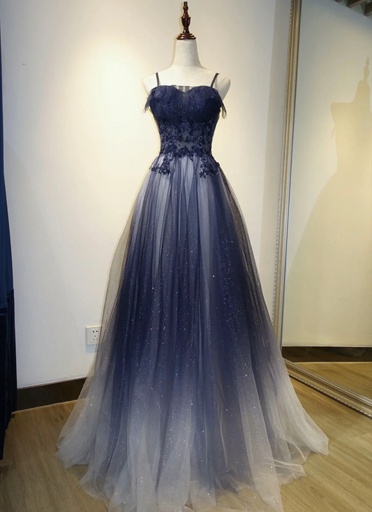 Elegant Gradient Tulle Straps Long Evening Dress, A-Line Tulle Prom Dresses Y1807