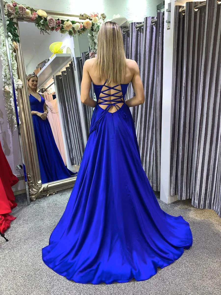 Simple A line blue long prom dress, backless blue evening dress Y367