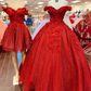 Sparkly Red Ball Gown Off The Shoulder Princess Dress Sweet 15 Dress  Y1211