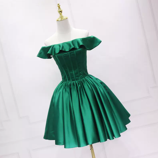 Dark Green Satin Homecoming Dress Rufflues Neckline s50