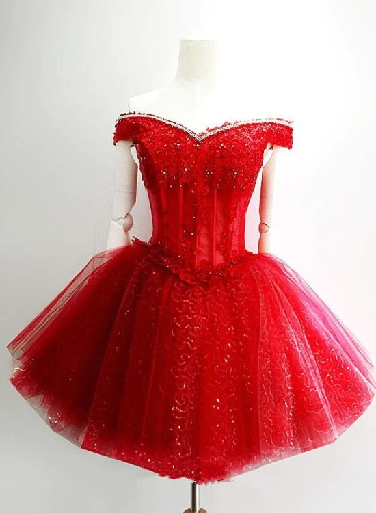 Adorable Red Sweetheart Shiny Tulle Off Shoulder Short Homecoming Dress, Red Party Dress Y1212