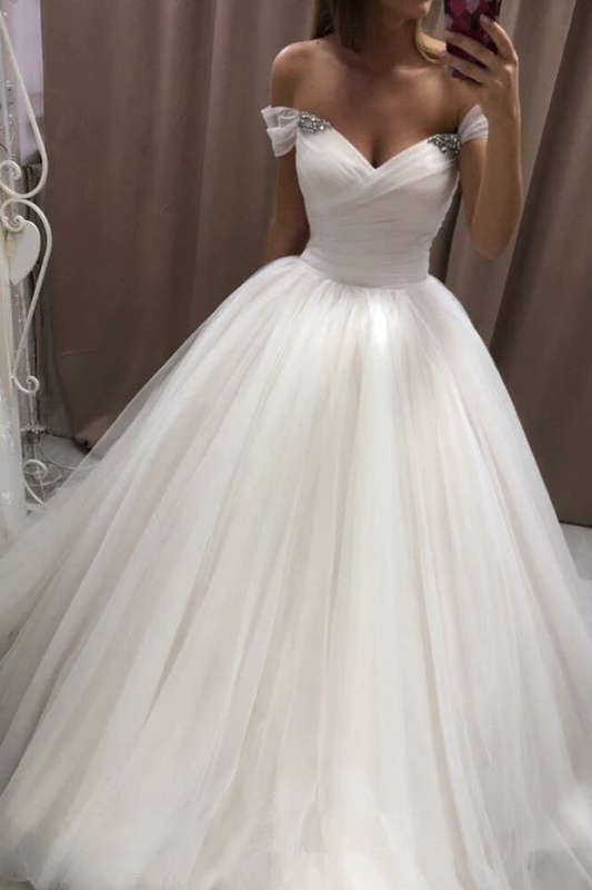Off The Shoulder Tulle Sweetheart White Wedding Dresses Bridal Gown Y863