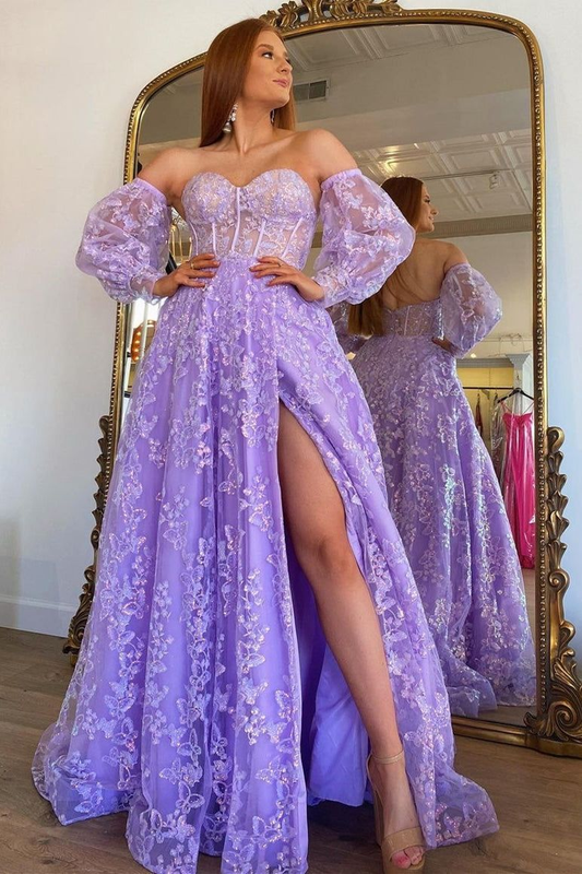 Sparkly Princess Lavender Bustier Puff Sleeves Lace Long Prom Dress Y1745