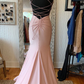 Elegant Mermaid V Neck Lace-Up Back Pink Long Prom Dress Y1528