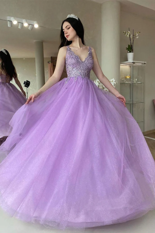 Purple V Neck Tulle Lace Long Prom Dress Purple Tulle Formal Dress Y1093