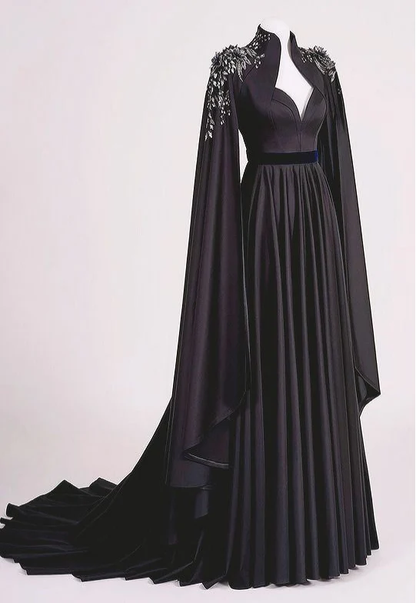 Black Satin Long Prom Dress Gothic Style Y109