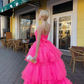 Princess A Line High Low Strapless Pink Long Prom/Evening Dress Ruffles Y76