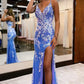 Plunging V-Neck Sequins Appliques Mermaid Prom Dress with Slit Y1417