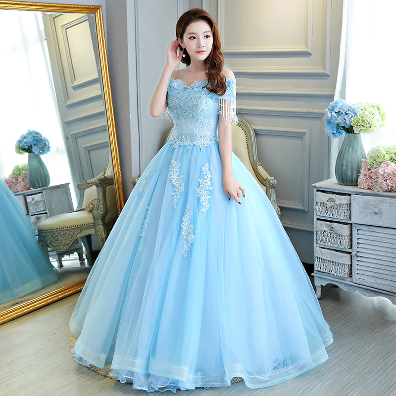 Luxurious Light Blue Ball Gown Off The Shoulder Princess Dress Y309