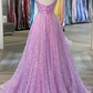 Shiny V Neck Backless Long Purple Prom Dress, Backless Purple Formal Graduation Evening Dress Y917
