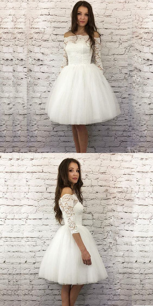 White A-Line 3/4 Sleeves Short Homecoming Dress With Lace S1834