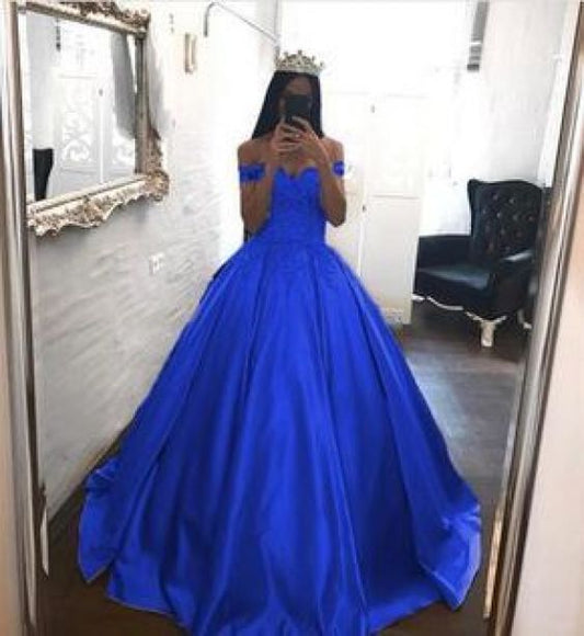 Royal Blue Prom Dresses Satin,Off the Shoulder Appliqued Quinceanera Dresses Sweep Train S17697