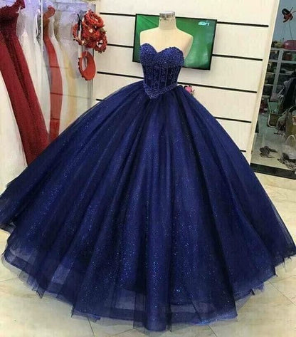 Gorgeous Beading Sweetheart neck Tulle Prom Dresses, Blue Ball Gown S16691