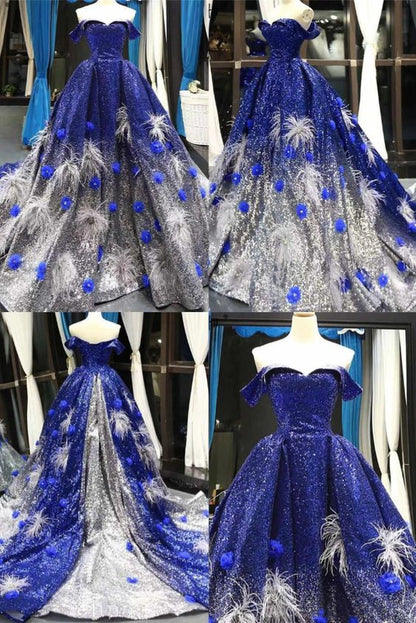 Royal Blue Off Shoulder Prom Dresses Ball Gown Sequined Plus Size Formal Gown S20992