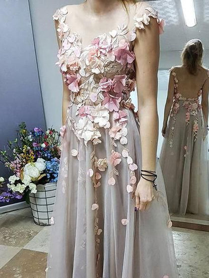 Chic A-line Scoop Floral Prom Dress Floor Length Prom Dresses Applique Evening Dresses  S15604