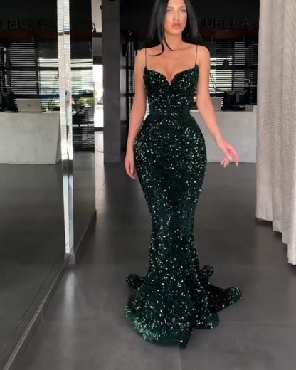 Sparkly Mermaid Sweetheart Spaghetti Straps Green Sequin Long Prom Dresses S14407