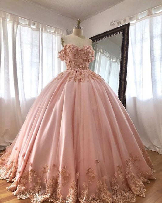 Pink Embroidered Lace Quinceanera Dresses Ball Gowns, Long Prom Dress S15407