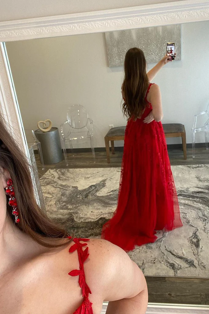 V Neck Tulle Red Lace Long Prom Dress with High Slit, Red Lace Formal Dress, Red Evening Dress Y217
