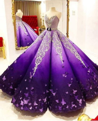 Strapless Butterfly Quinceanera Dress Purple Ball Gown, Long Prom Dress  S11280
