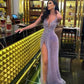 Plunge V Neck Sequins Long Evening Dress Sexy Prom Dress  Y47