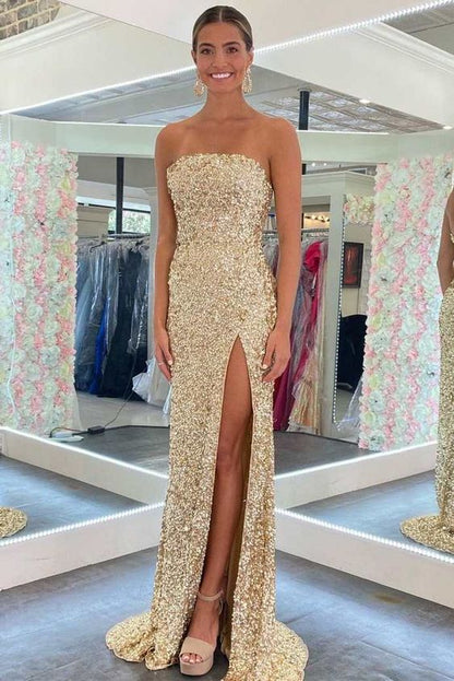 Gold Sequin Strapless Backless Mermaid Prom Dress Y48