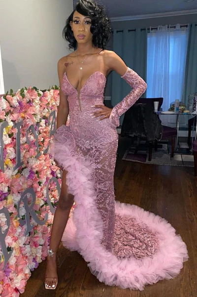 Sexy Dark Pink Tulle Prom Dresses|Sweetheart Deep Split Evening Dress Y1739
