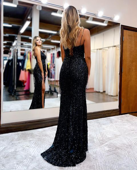 Fashion Mermaid V Neck Black Sequins Long Prom Dresses With Slit Y559