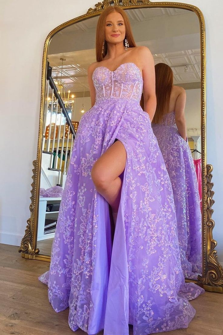 Sparkly Princess Lavender Bustier Puff Sleeves Lace Long Prom Dress Y1745