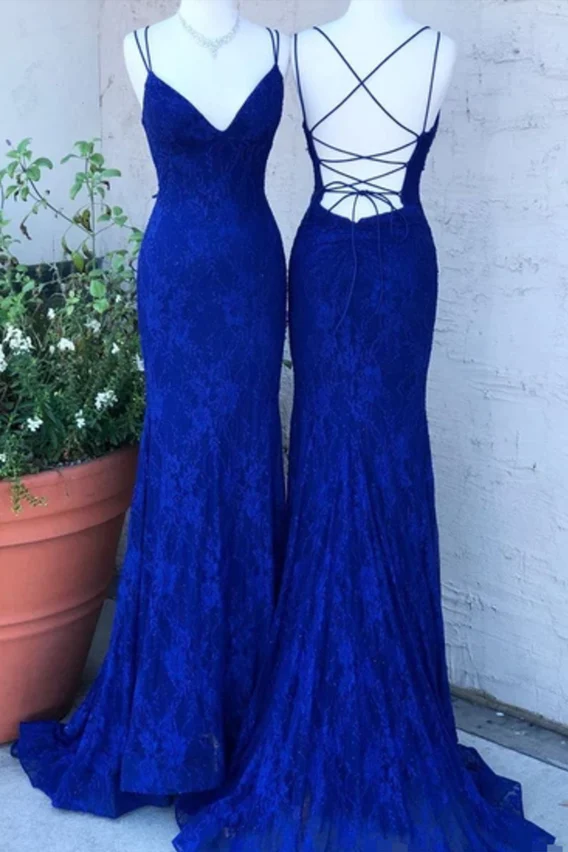 Spaghetti Crossed Straps Royal Blue Mermaid Prom Dresses V Neck Lace Formal Dresses Y1192