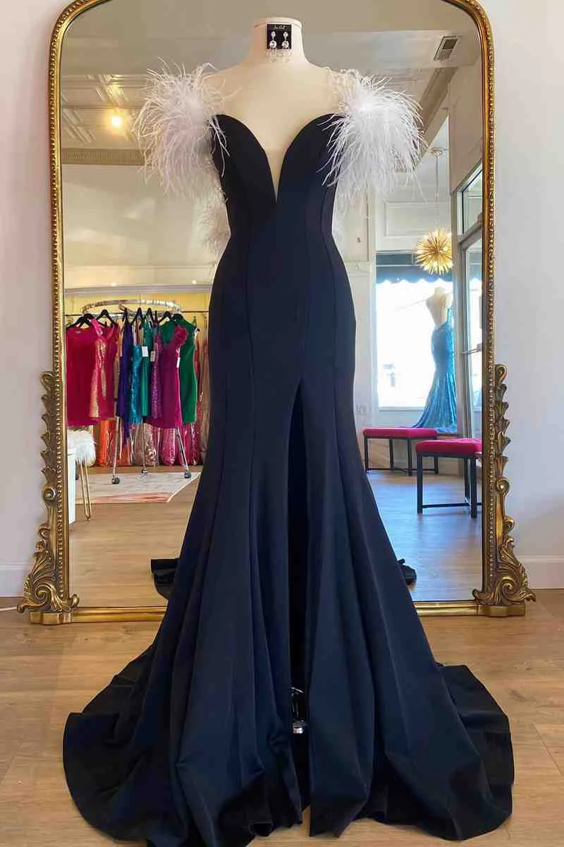 Long Black High Slit Prom Dress with White Feather Y872