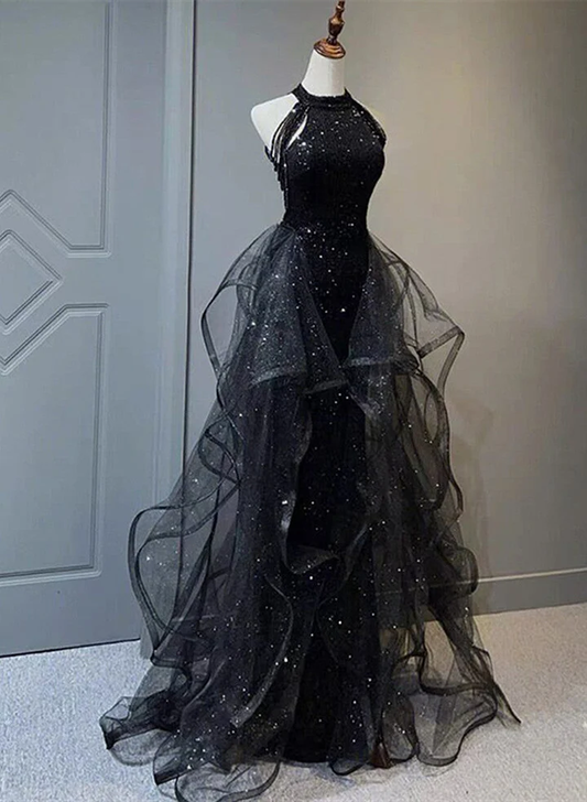 High Neckline Black Halter Shiny Tulle And Sequins Evening Dress, Black Tulle Prom Dress Y1864