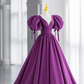 Purple Puff Sleeves Satin Long Prom Dress, V-Neck Evening Dress Y856